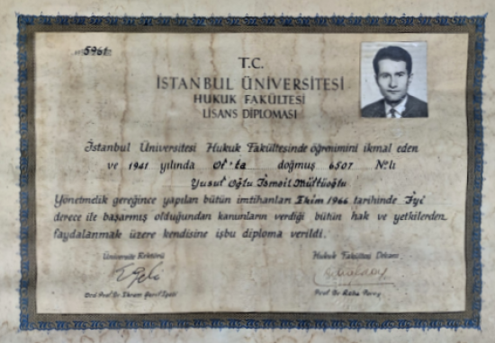 1966 T.C İSTANBUL ÜNÜVERSİTESİ HUKUK FAKULTESİ LİSANS DİPLOMASI YUSUF OGLU İSMAİL MUFTUOGLU AVUKATLIK DİPLOMA CERCEVESİNDE